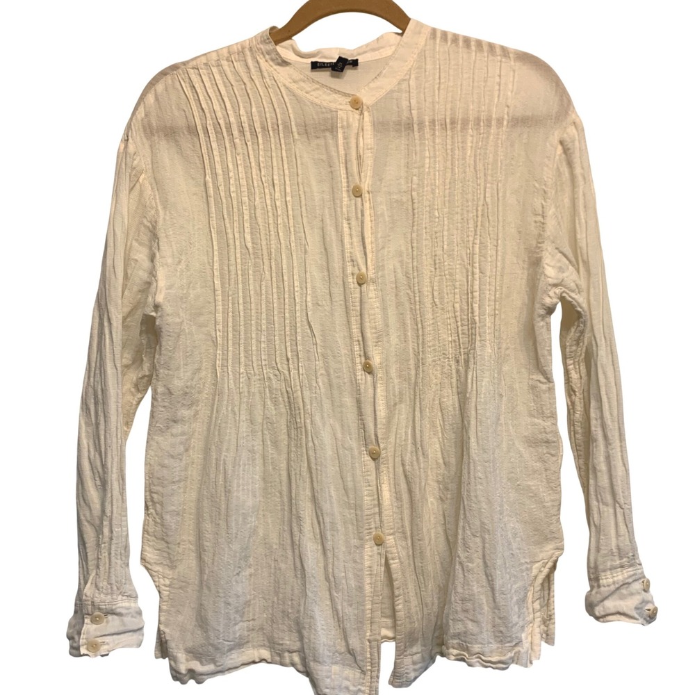 Eileen Fisher Pintuck Crinkle Blouse Medium Lagenlook Ivory Cotton Button Up